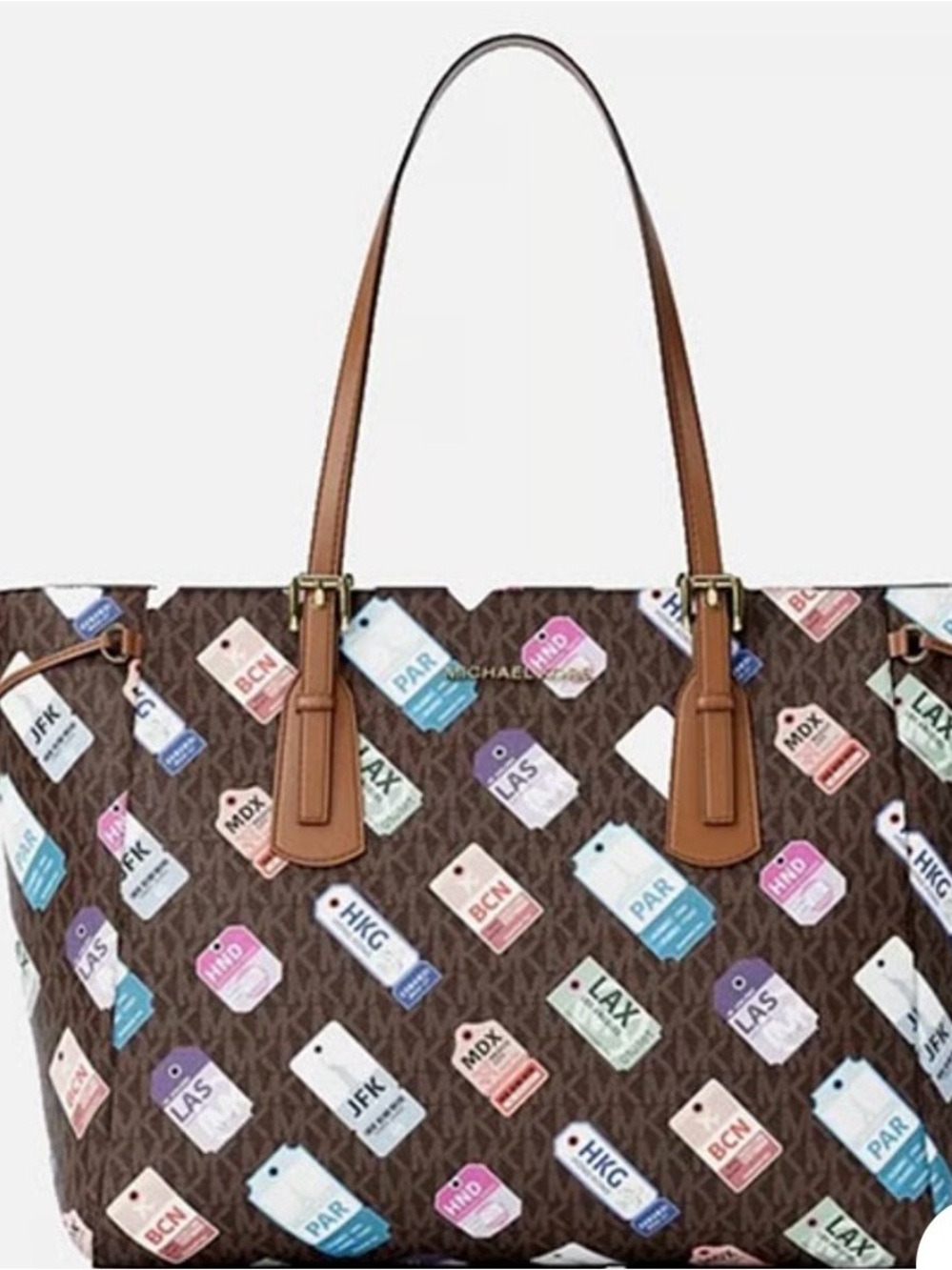 Michael Kors Brown Logo Tote with Colorful Luggage Tag Print